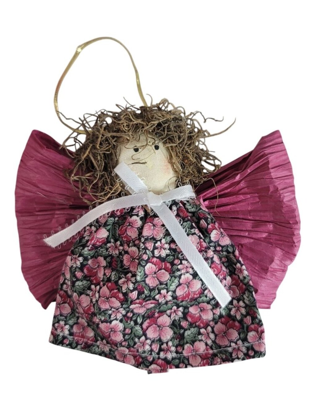 Rustic Primitive Angel Christmas Ornament Floral Crepe Wings Farmhouse